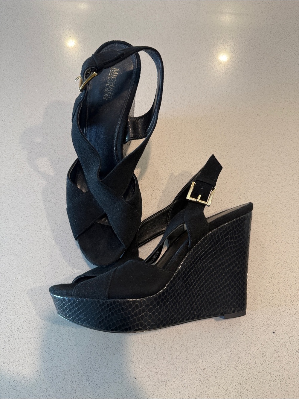 Michael Kors Sz 8 Black Suede Becky Platform Wedge Sandals